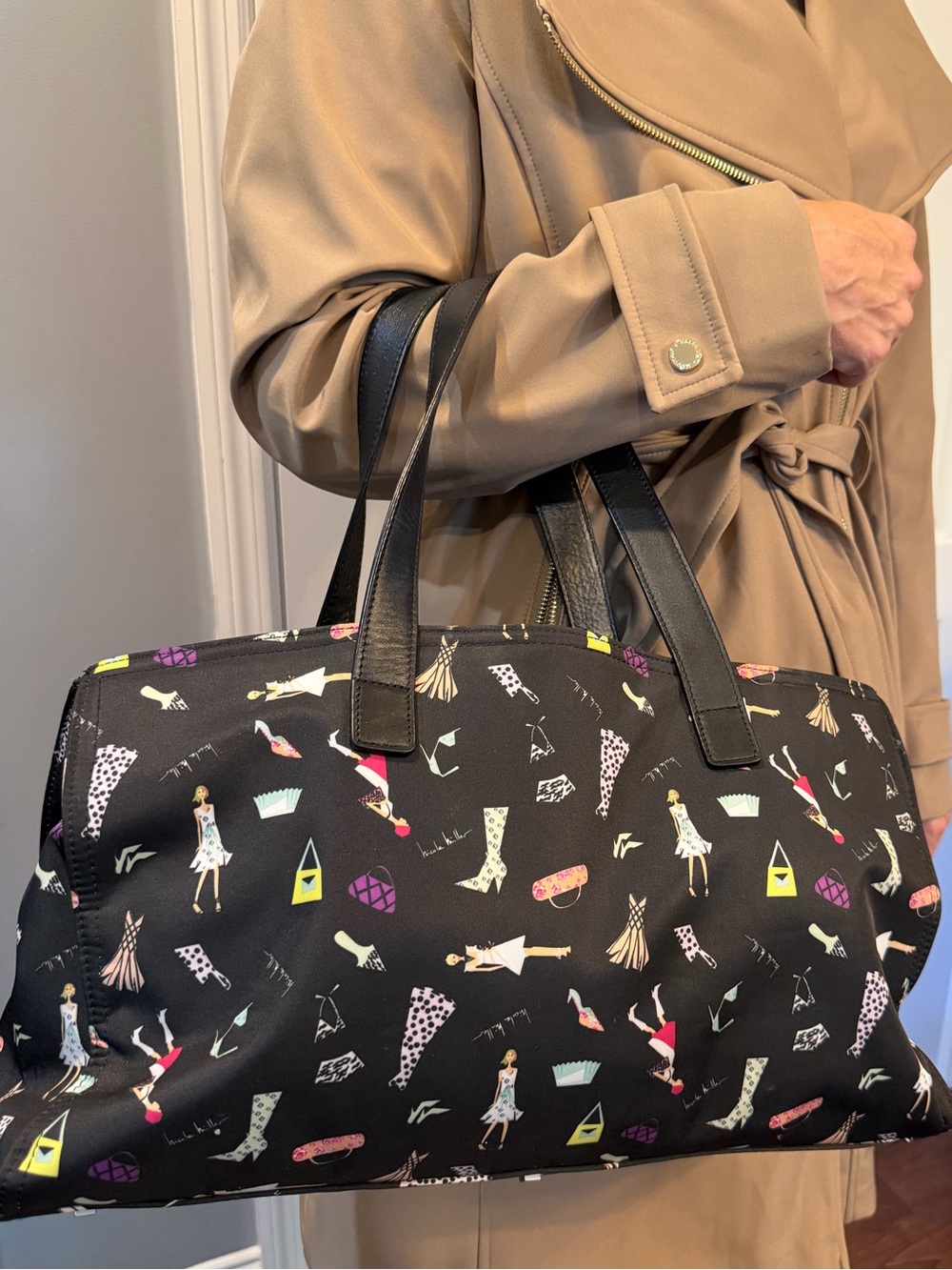 Nicole Miller New York Fashion Print Tote Bag Black Nylon Shoulder Handbag